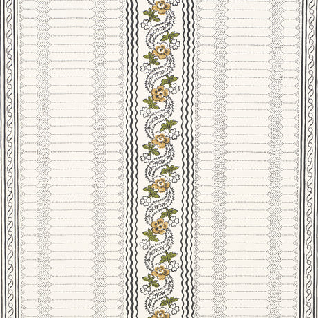 Serena Stripe wallpaper in Ochre by Rita Konig for Schumacher, featuring a floral and stripe pattern in ochre, green, and black on a white background.