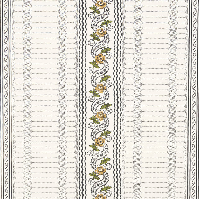 Serena Stripe wallpaper in Ochre by Rita Konig for Schumacher, featuring a floral and stripe pattern in ochre, green, and black on a white background.