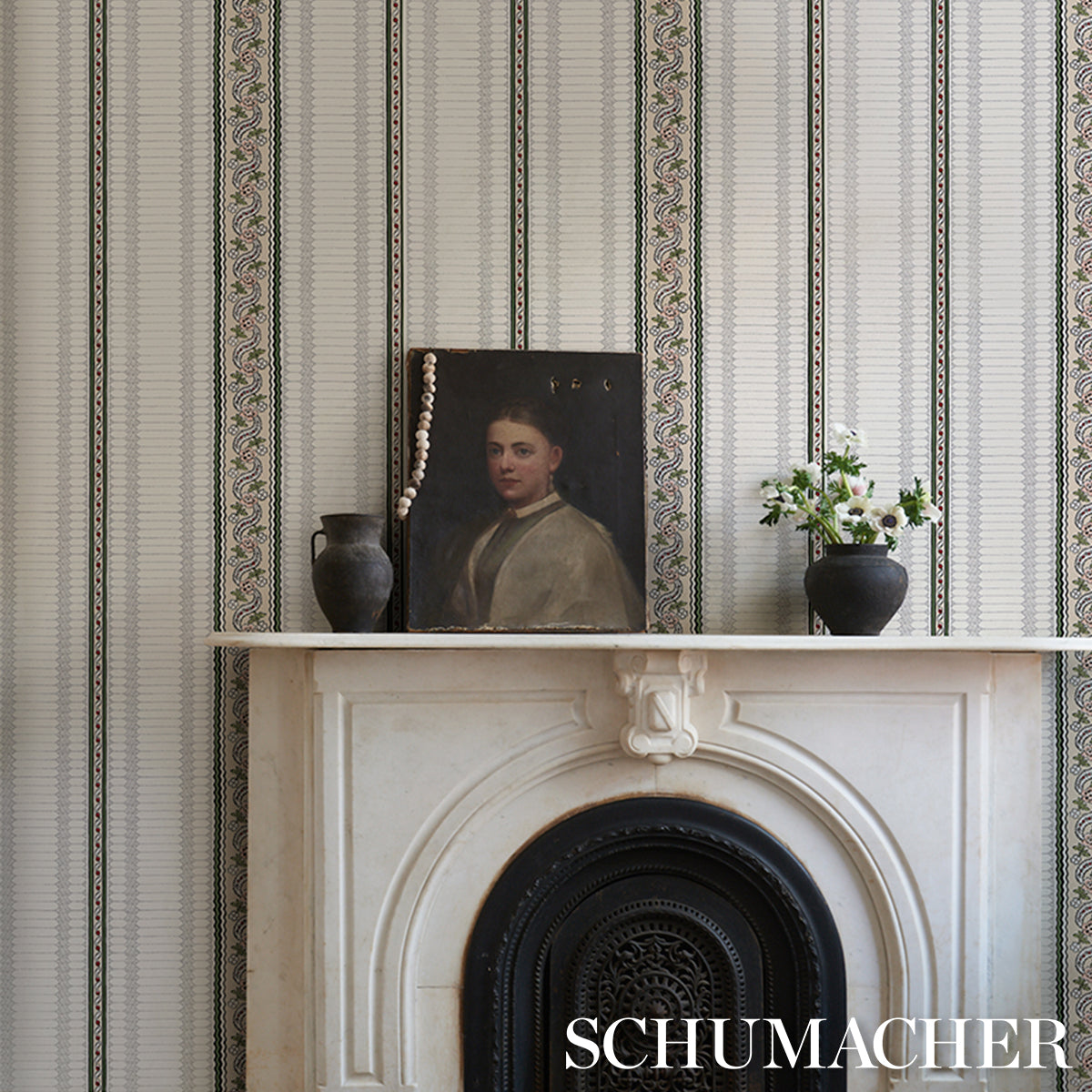Serena Stripe Rose by Rita Konig Vintage-Inspired Floral Stripe Wallpaper – Schumacher 5015932