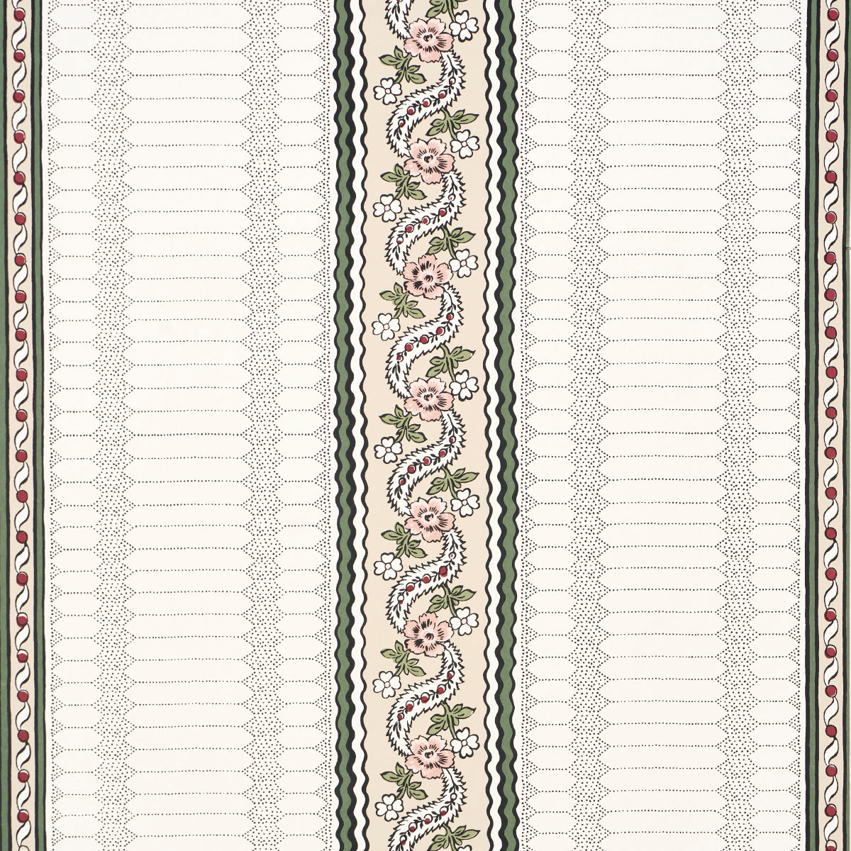 Serena Stripe wallpaper in Rose by Rita Konig for Schumacher, featuring a vintage-inspired floral stripe pattern in pink, green, and cream tones.