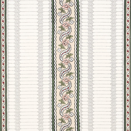 Serena Stripe wallpaper in Rose by Rita Konig for Schumacher, featuring a vintage-inspired floral stripe pattern in pink, green, and cream tones.