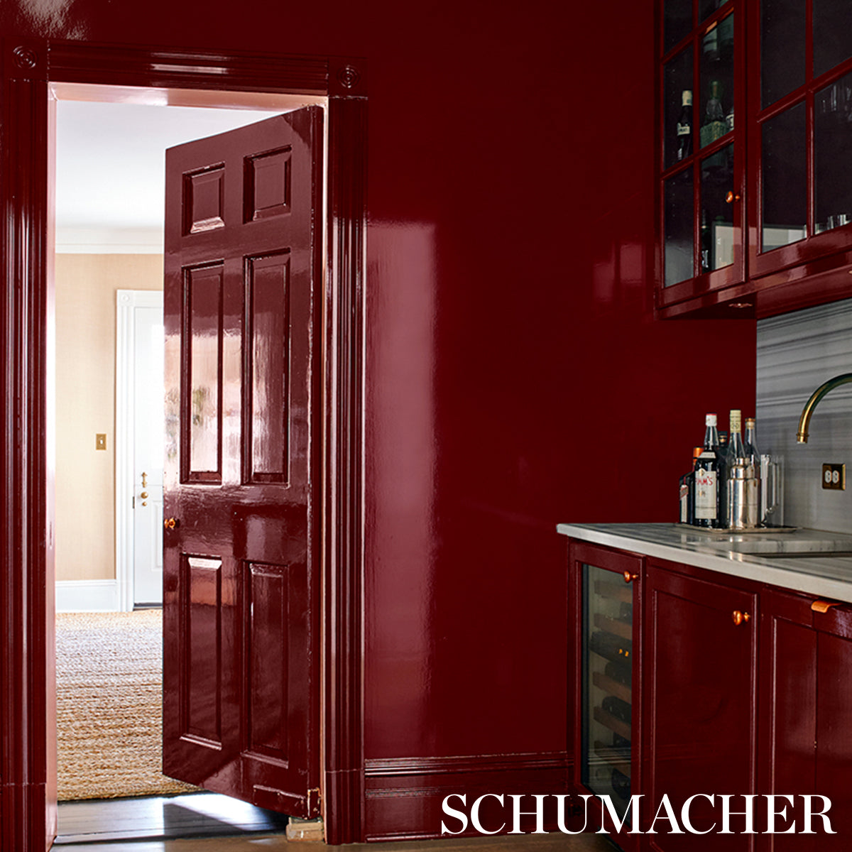 Ace Faux Lacquer Performance Vinyl Maroon by Schumacher – High-Gloss Washable Wallcovering 54" Wide – 5015940