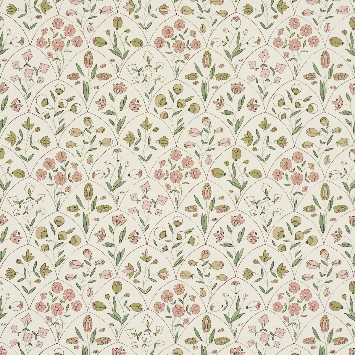 Frances Scallop Floral wallpaper in Petal by Schumacher, featuring a playful scallop and floral pattern in pink and green tones.