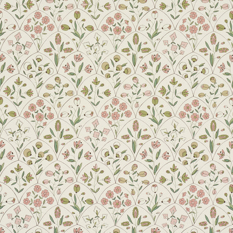 Frances Scallop Floral wallpaper in Petal by Schumacher, featuring a playful scallop and floral pattern in pink and green tones.