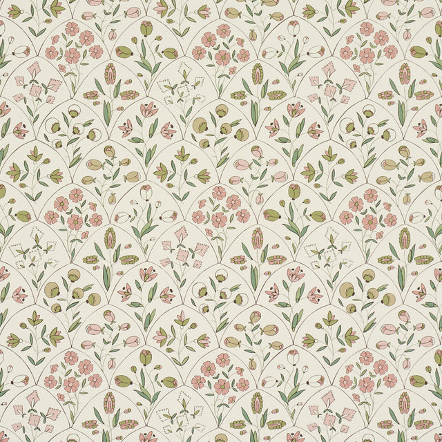 Frances Scallop Floral wallpaper in Petal by Schumacher, featuring a playful scallop and floral pattern in pink and green tones.
