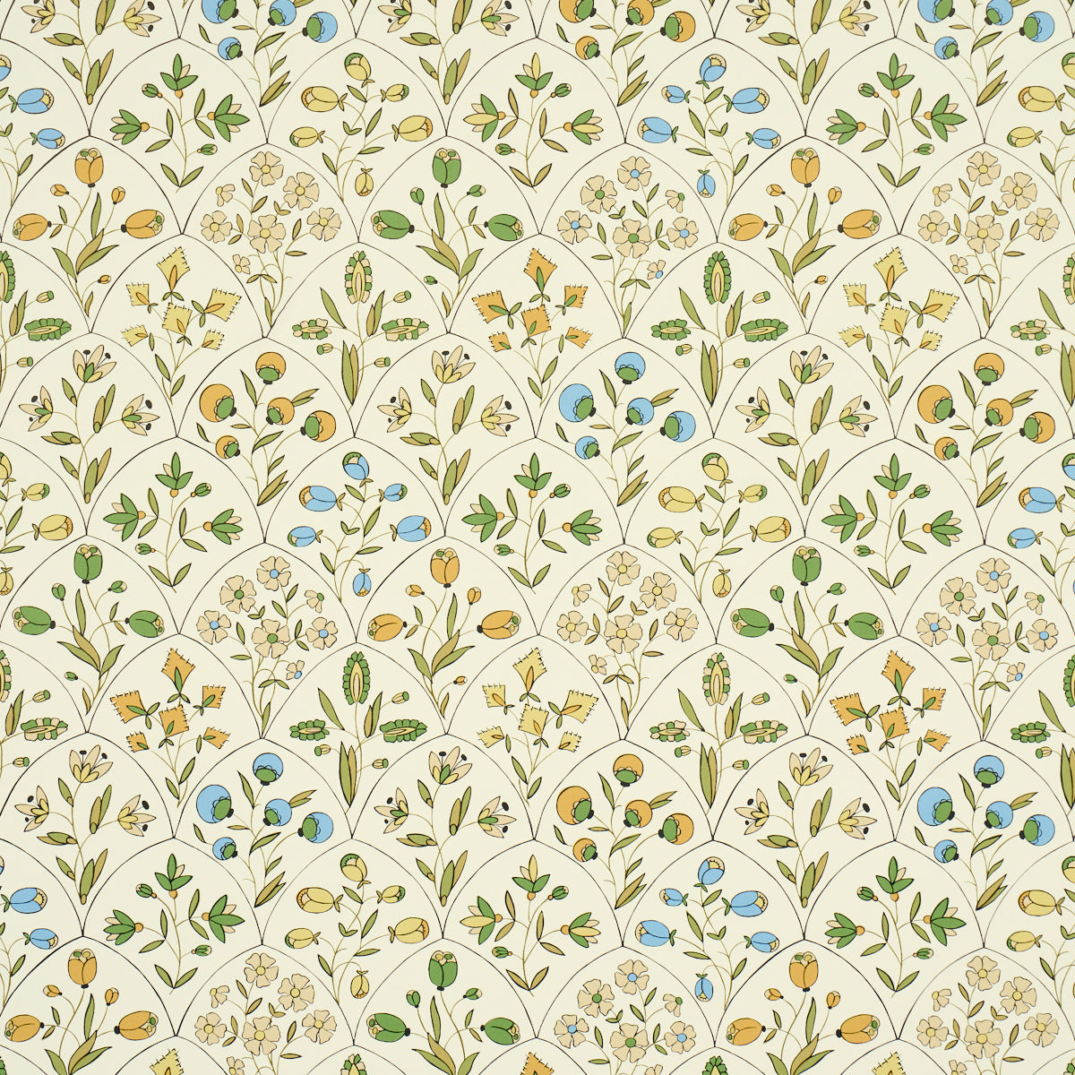 Frances Scallop Floral wallpaper in Document colorway, featuring a playful scallop and floral pattern in green, blue, and yellow on a cream background.