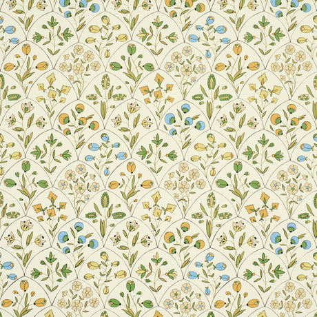 Frances Scallop Floral wallpaper in Document colorway, featuring a playful scallop and floral pattern in green, blue, and yellow on a cream background.