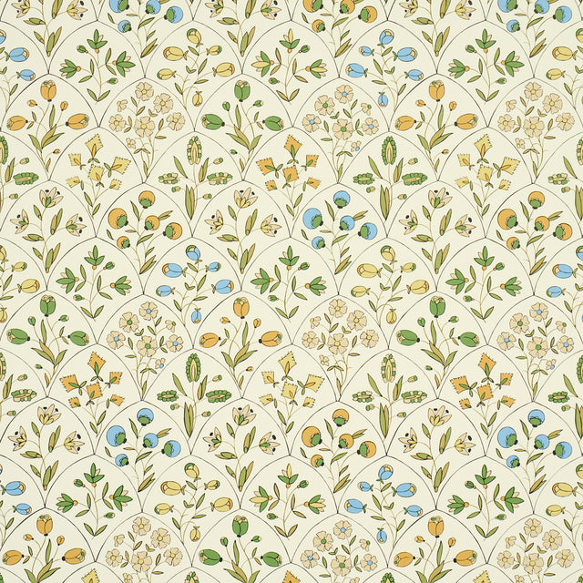 Frances Scallop Floral wallpaper in Document colorway, featuring a playful scallop and floral pattern in green, blue, and yellow on a cream background.