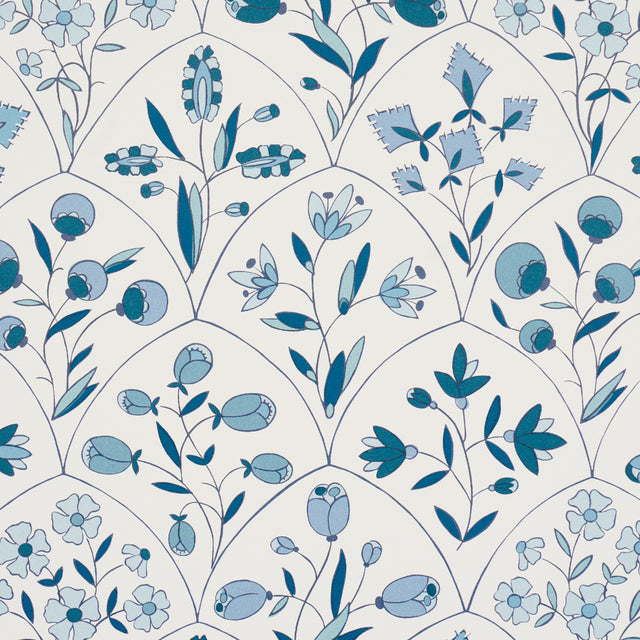 Frances Scallop Floral Blue by Schumacher Scenic Floral Wallpaper – Schumacher 5015962