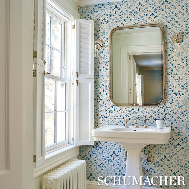 Frances Scallop Floral Blue by Schumacher Scenic Floral Wallpaper – Schumacher 5015962