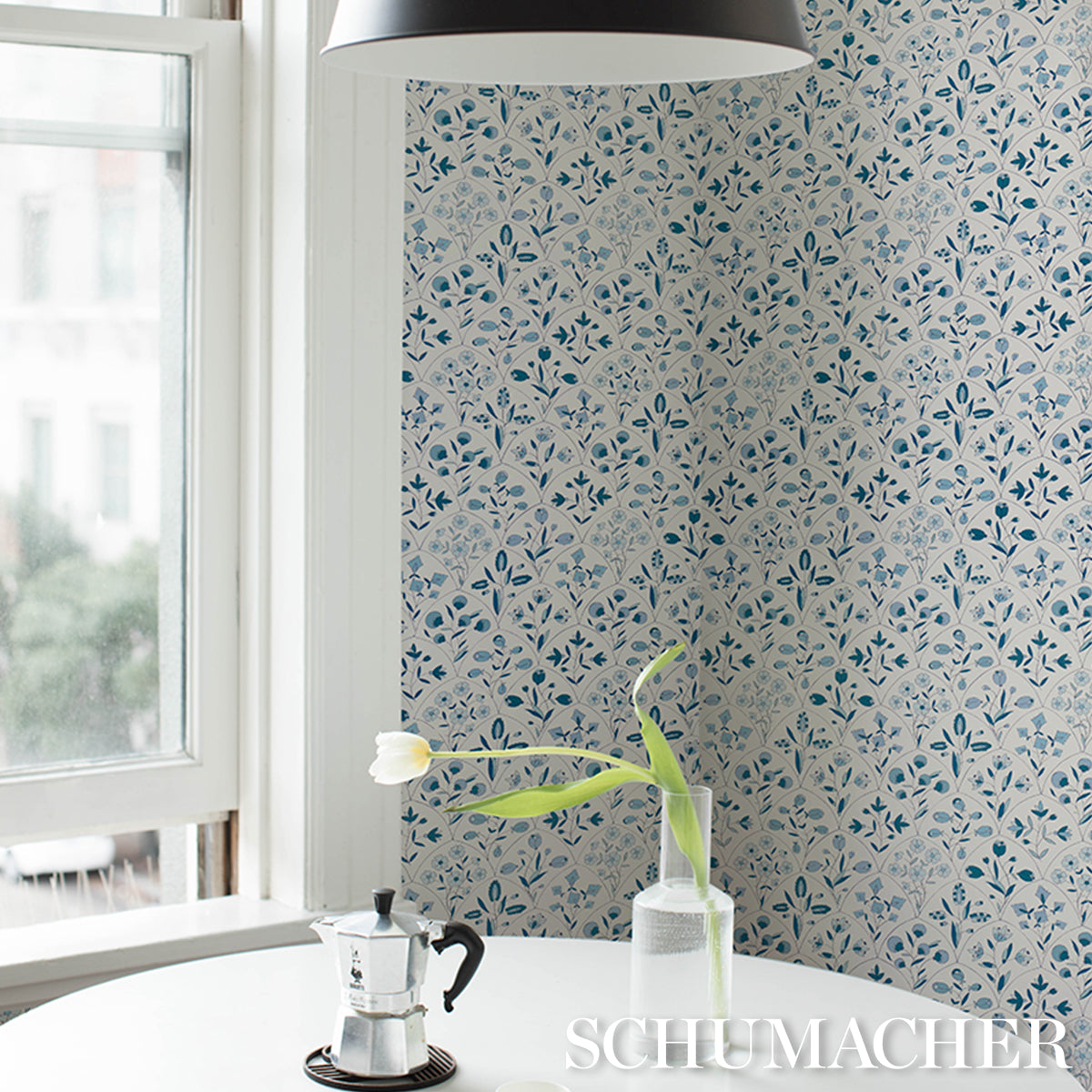 Frances Scallop Floral Blue by Schumacher Scenic Floral Wallpaper – Schumacher 5015962