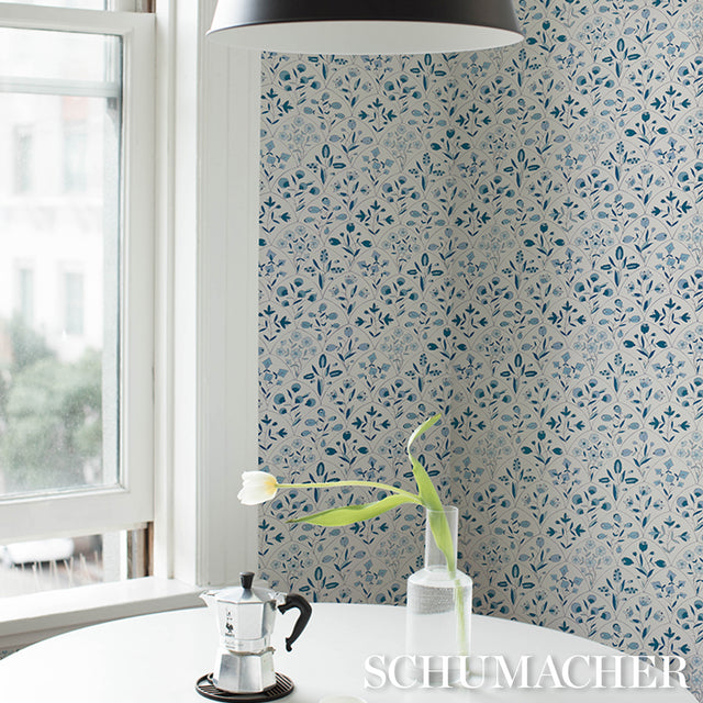 Frances Scallop Floral Blue by Schumacher Scenic Floral Wallpaper – Schumacher 5015962