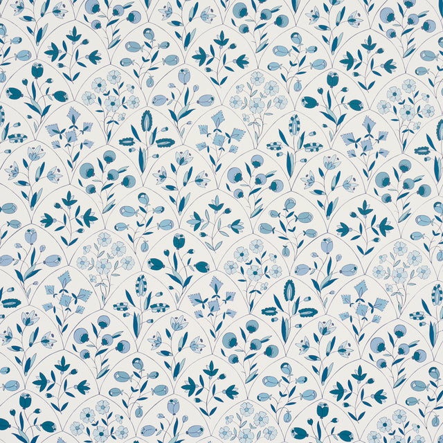 Frances Scallop Floral wallpaper in blue, featuring a playful scallop and floral pattern by Schumacher.