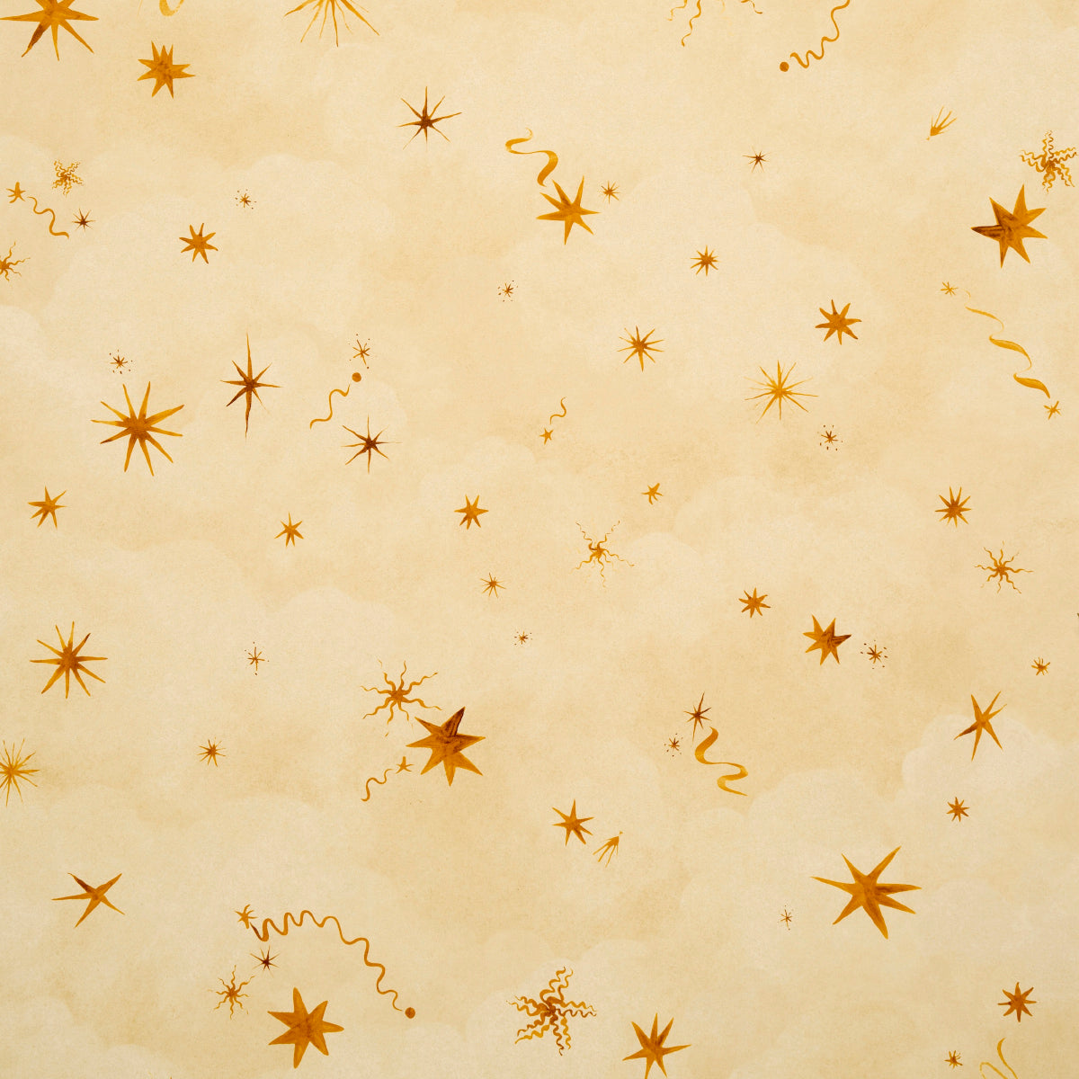 Luminaries Sunbeam wallpaper by Backdrop x Xavier Donnelly for Schumacher, featuring a celestial cloudscape with whimsical stars in golden yellow tones.