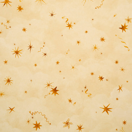 Luminaries Sunbeam wallpaper by Backdrop x Xavier Donnelly for Schumacher, featuring a celestial cloudscape with whimsical stars in golden yellow tones.