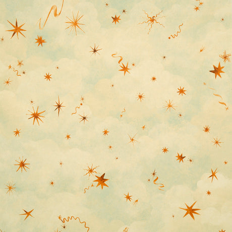 Luminaries Dusk wallpaper by Backdrop x Xavier Donnelly for Schumacher, featuring whimsical stars and celestial objects on a cloudscape background.