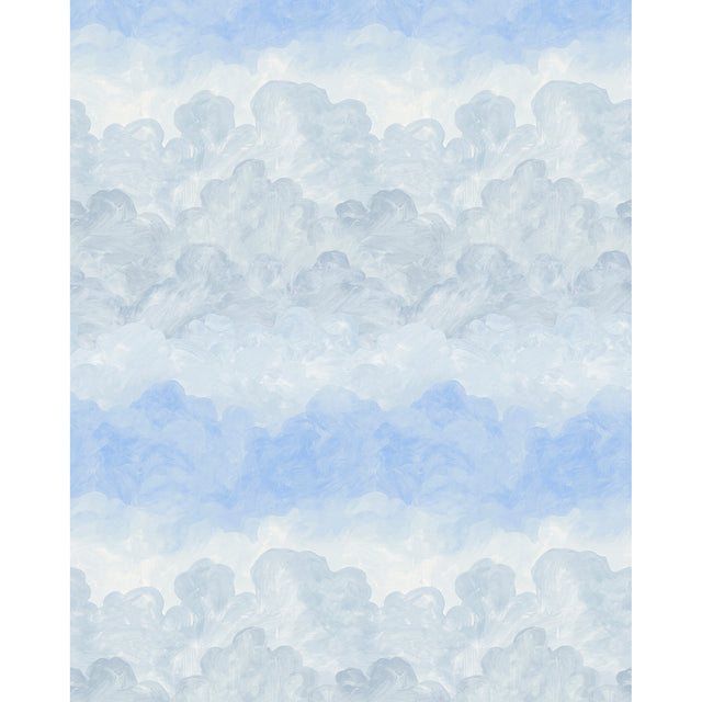 Painted Sky wallpaper by Backdrop x Xavier Donnelly for Schumacher, featuring a hand-painted cloudscape in clear blue tones.