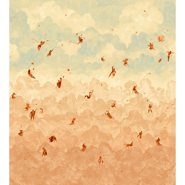 Ascendance 3 Panel Set by Backdrop x Xavier Donnelly for Schumacher, dusk colorway, mythological figures and clouds mural wallpaper
