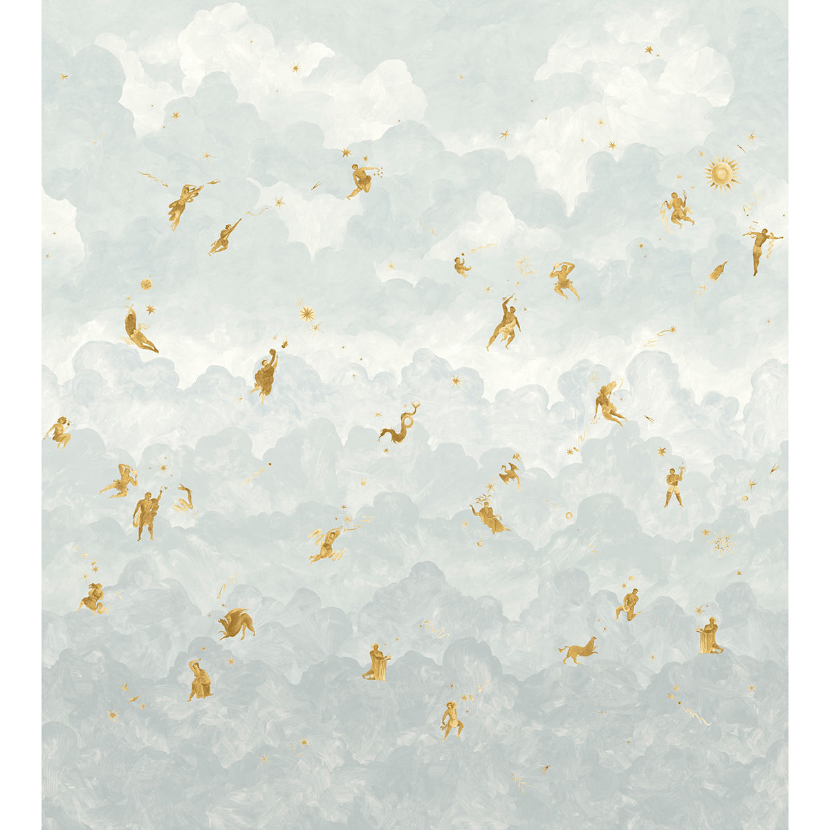 Ascendance 3 Panel Set wallpaper by Schumacher featuring a billowy cloudscape with mythological figures and celestial motifs in air blue and gold.