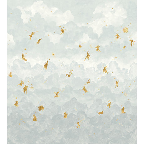 Ascendance 3 Panel Set wallpaper by Schumacher featuring a billowy cloudscape with mythological figures and celestial motifs in air blue and gold.