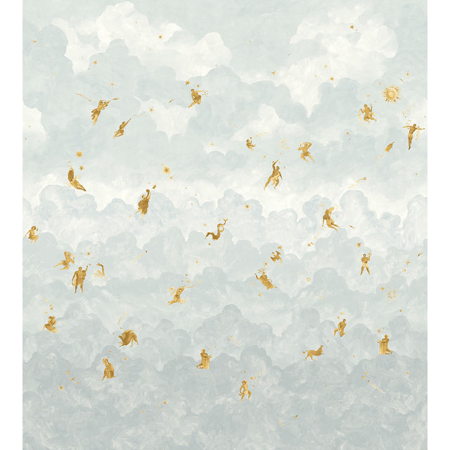 Ascendance 3 Panel Set wallpaper by Schumacher featuring a billowy cloudscape with mythological figures and celestial motifs in air blue and gold.