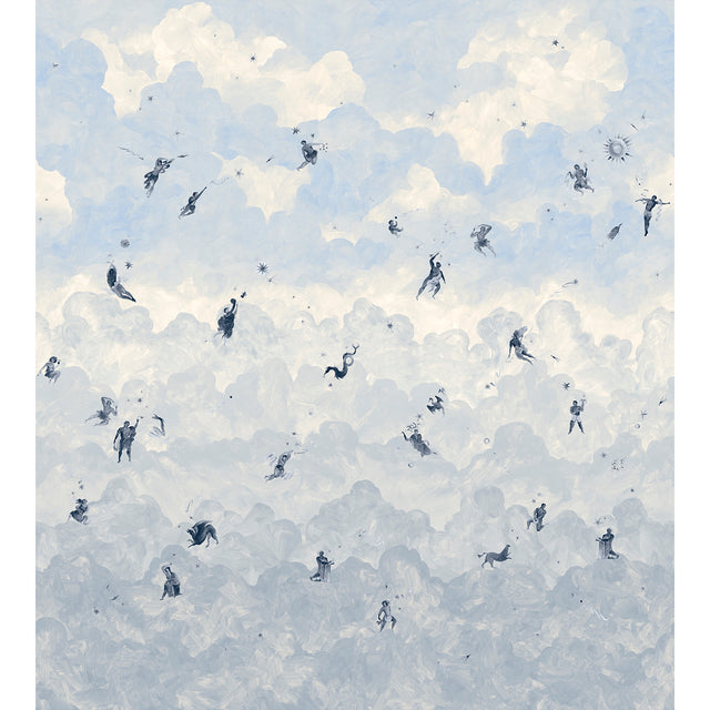 Ascendance 3 Panel Set wallpaper by Schumacher featuring a dreamy cloudscape with mythological figures and celestial motifs in clear blue.