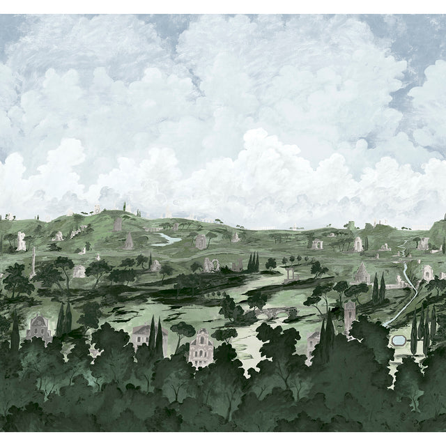 Appian Way 4 Panel Set scenic wall mural in Fog by Backdrop x Xavier Donnelly for Schumacher, featuring a hand-painted Italian countryside landscape.