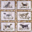 Chaser's Legacy Metallic wallpaper by Schumacher featuring framed dog portraits on a gold metallic chinoiserie background.