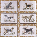 Chaser's Legacy Metallic wallpaper by Schumacher featuring framed dog portraits on a gold metallic chinoiserie background.