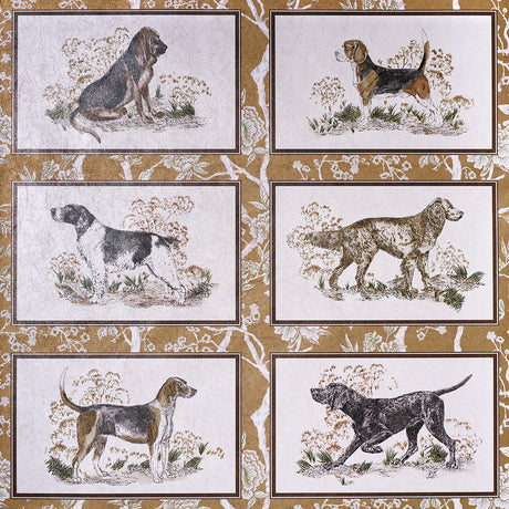 Chaser's Legacy Metallic wallpaper by Schumacher featuring framed dog portraits on a gold metallic chinoiserie background.