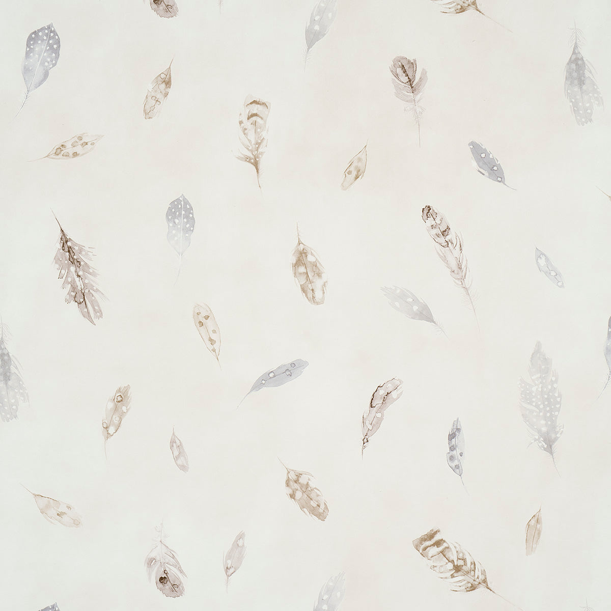 Woodland Feathers wallpaper in Pebble by Schumacher, featuring delicate hand-painted feathers in neutral tones on a subtle textured background.
