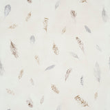 Woodland Feathers wallpaper in Pebble by Schumacher, featuring delicate hand-painted feathers in neutral tones on a subtle textured background.