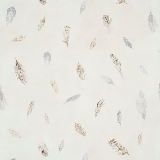 Woodland Feathers wallpaper in Pebble by Schumacher, featuring delicate hand-painted feathers in neutral tones on a subtle textured background.