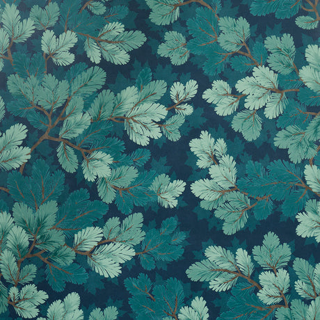 Covey Hedge Midnight botanical wallpaper with stylized foliage and pine boughs on a deep blue background by Schumacher.