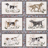 Chaser's Legacy wallpaper by Schumacher featuring framed dog portraits on a marbleized background in slate colorway.