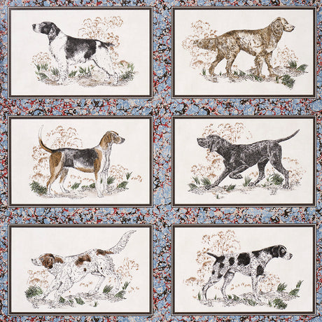 Chaser's Legacy wallpaper by Schumacher featuring framed dog portraits on a marbleized background in slate colorway.