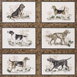 Chaser's Legacy wallpaper in Bark by Schumacher features a grid of framed dog portraits on a marbleized brown background.