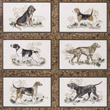 Chaser's Legacy wallpaper in Bark by Schumacher features a grid of framed dog portraits on a marbleized brown background.