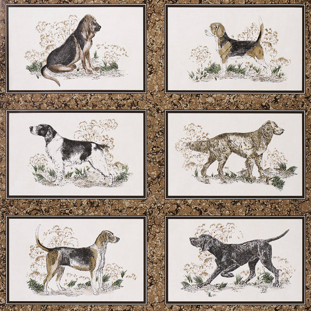 Chaser's Legacy wallpaper in Bark by Schumacher features a grid of framed dog portraits on a marbleized brown background.