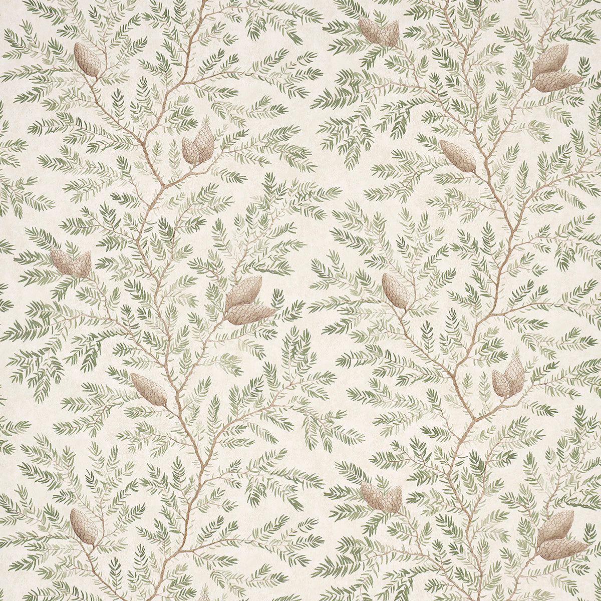 Pinewood wallpaper in Spruce by Schumacher, featuring hand-painted pine branches and cones in green and brown on a parchment-like background.