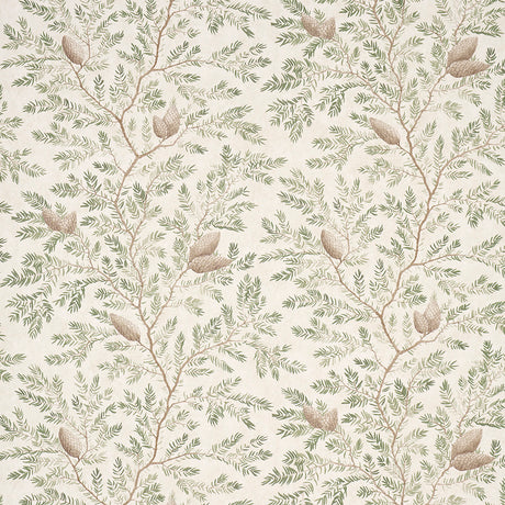 Pinewood wallpaper in Spruce by Schumacher, featuring hand-painted pine branches and cones in green and brown on a parchment-like background.