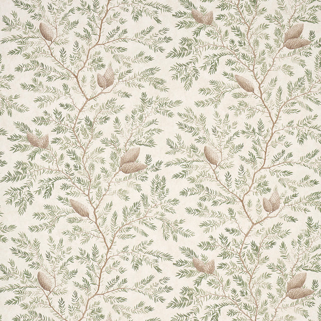 Pinewood wallpaper in Spruce by Schumacher, featuring hand-painted pine branches and cones in green and brown on a parchment-like background.
