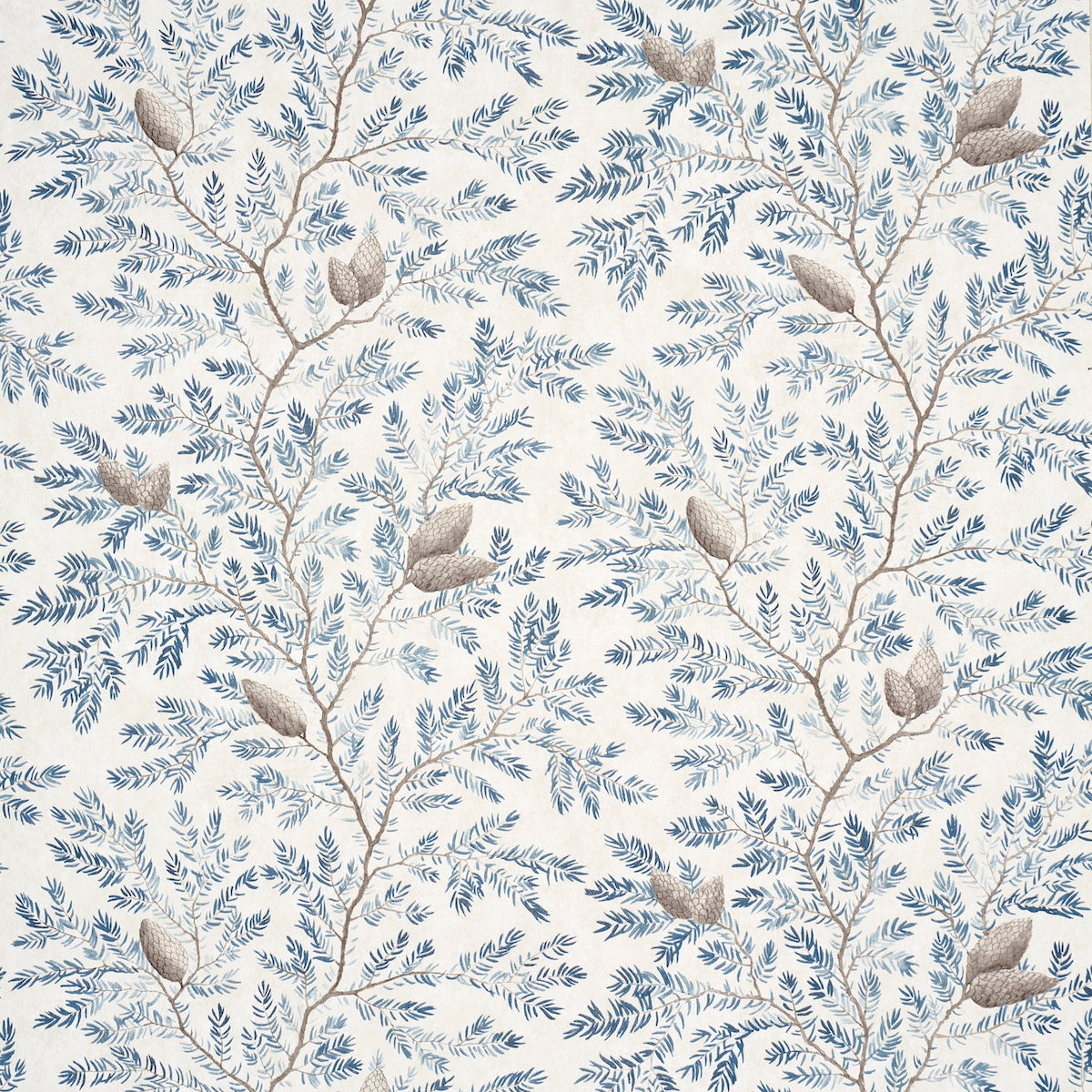 Pinewood Winter wallpaper by Schumacher featuring hand-painted pine branches, needles, and cones in blue and taupe on a parchment-like background.