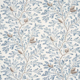 Pinewood Winter wallpaper by Schumacher featuring hand-painted pine branches, needles, and cones in blue and taupe on a parchment-like background.