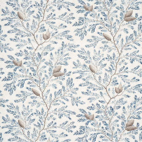 Pinewood Winter wallpaper by Schumacher featuring hand-painted pine branches, needles, and cones in blue and taupe on a parchment-like background.
