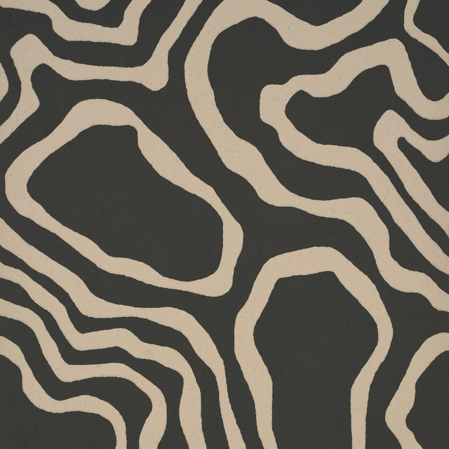 DEFEO wallpaper in Carbon by Schumacher features a graphic, topographic pattern in black and off-white, surface-printed on a fibrous paper ground.