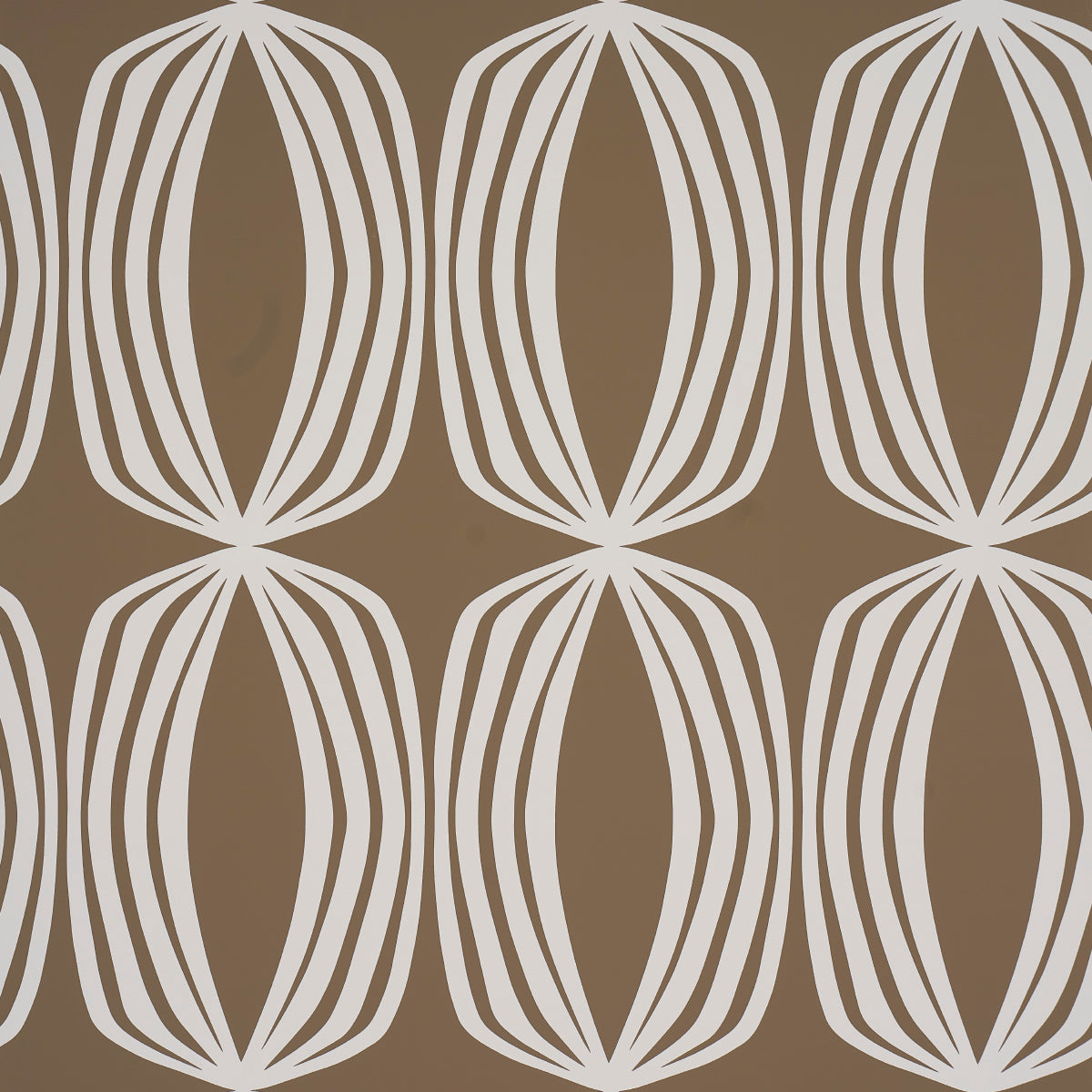Fontana Peat geometric hourglass stripe wallpaper by Schumacher, large-scale modern abstract design in brown and white.