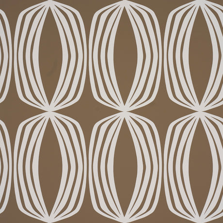 Fontana Peat geometric hourglass stripe wallpaper by Schumacher, large-scale modern abstract design in brown and white.