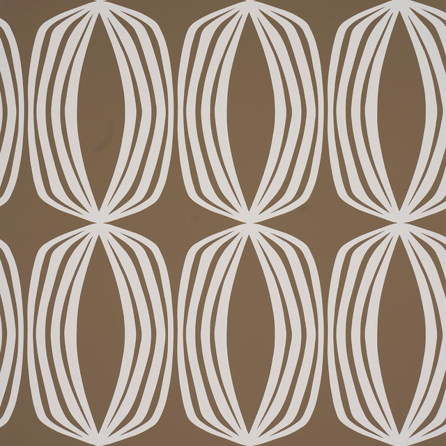 Fontana Peat geometric hourglass stripe wallpaper by Schumacher, large-scale modern abstract design in brown and white.