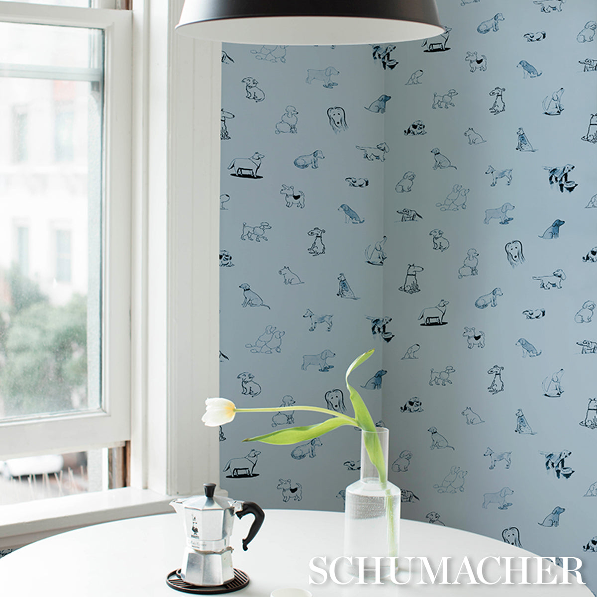 Good Dogs Everywhere Sky & Navy Blue by Schumacher The New Yorker Collection Wallpaper – Schumacher 5016132